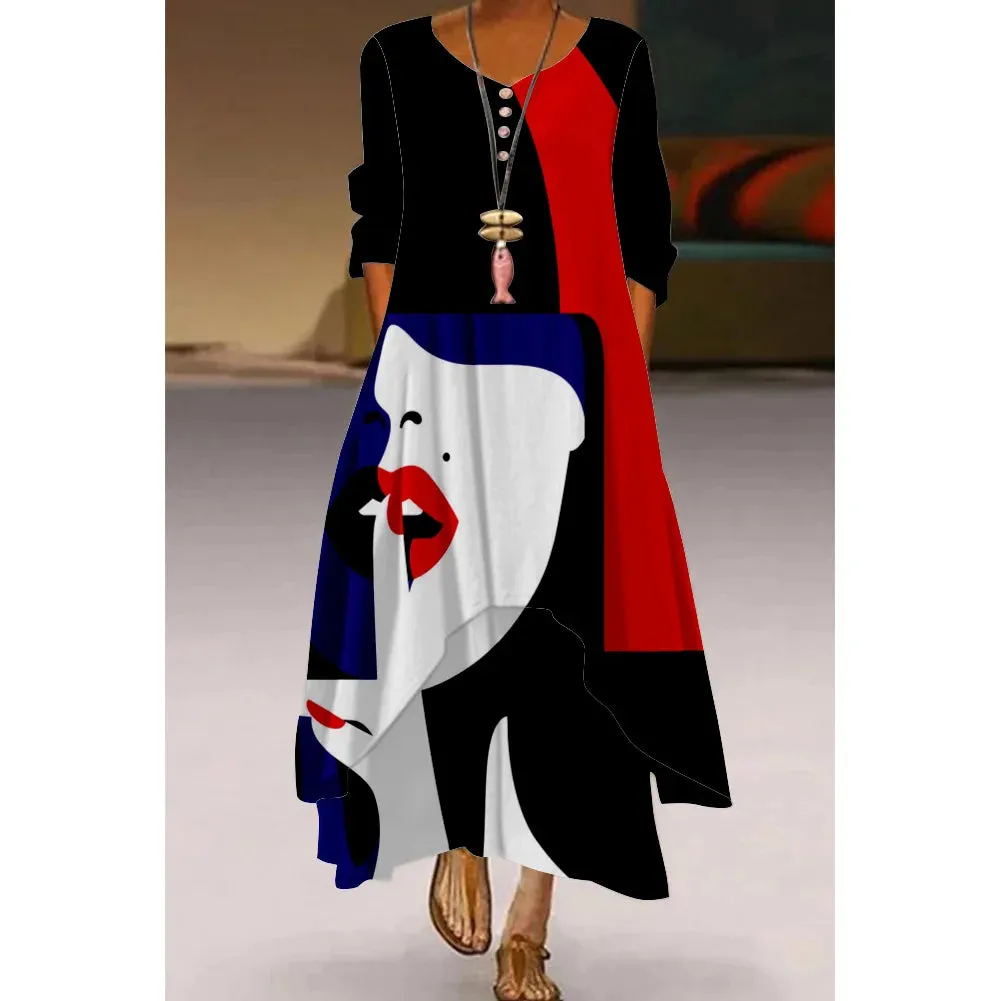 Abstract Painting Elegant Ladies Dress Beachwear Gothic Artistic Fashion Long Sleeve Dress Fashion Loose V-Neck Holiday Dresses