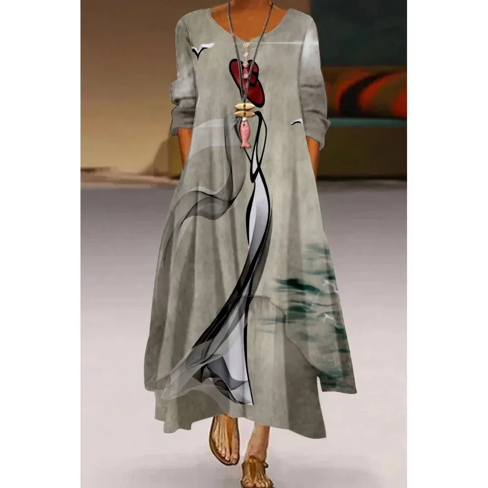 Abstract Painting Elegant Ladies Dress Beachwear Gothic Artistic Fashion Long Sleeve Dress Fashion Loose V-Neck Holiday Dresses