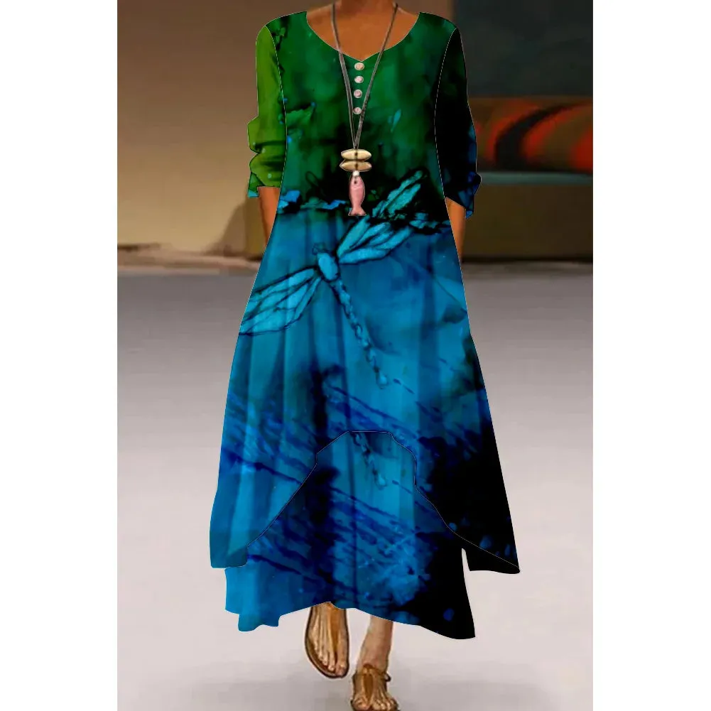 Abstract Painting Elegant Ladies Dress Beachwear Gothic Artistic Fashion Long Sleeve Dress Fashion Loose V-Neck Holiday Dresses