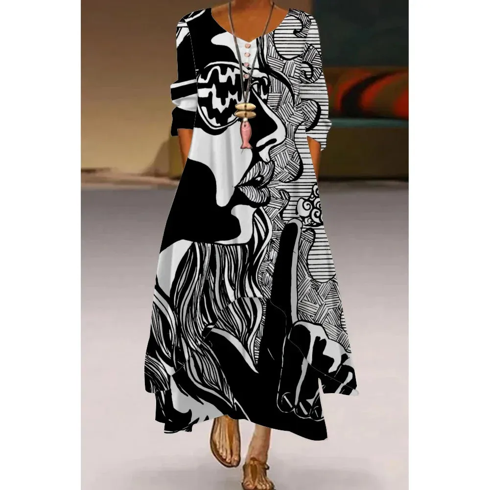 Abstract Painting Elegant Ladies Dress Beachwear Gothic Artistic Fashion Long Sleeve Dress Fashion Loose V-Neck Holiday Dresses