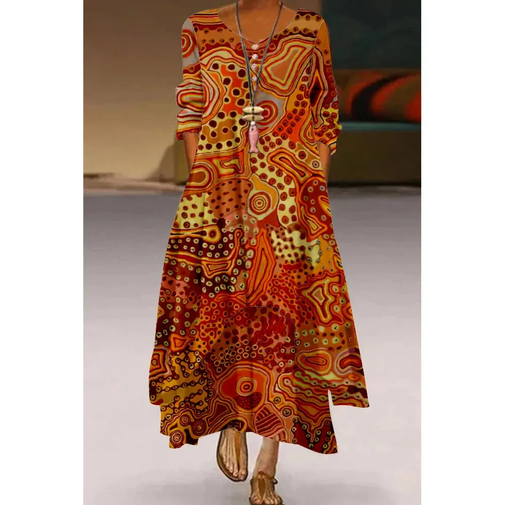 Abstract Painting Elegant Ladies Dress Beachwear Gothic Artistic Fashion Long Sleeve Dress Fashion Loose V-Neck Holiday Dresses