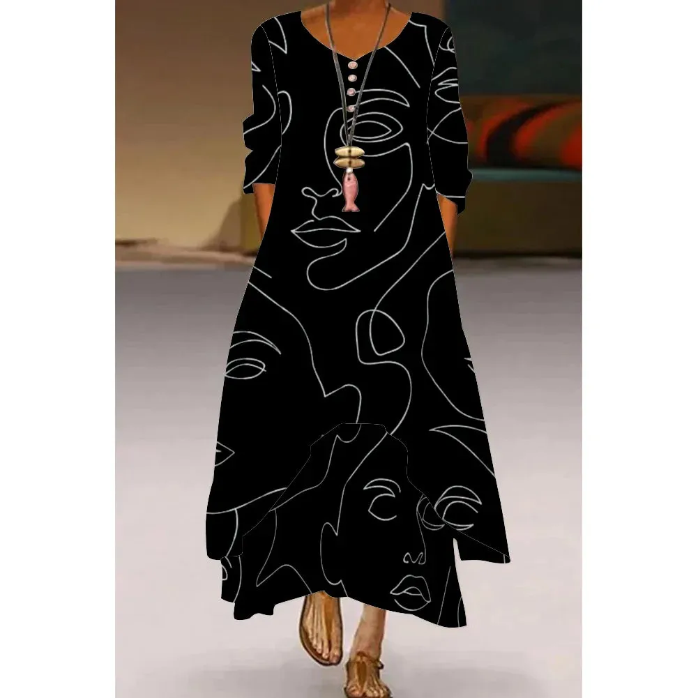 Abstract Painting Elegant Ladies Dress Beachwear Gothic Artistic Fashion Long Sleeve Dress Fashion Loose V-Neck Holiday Dresses