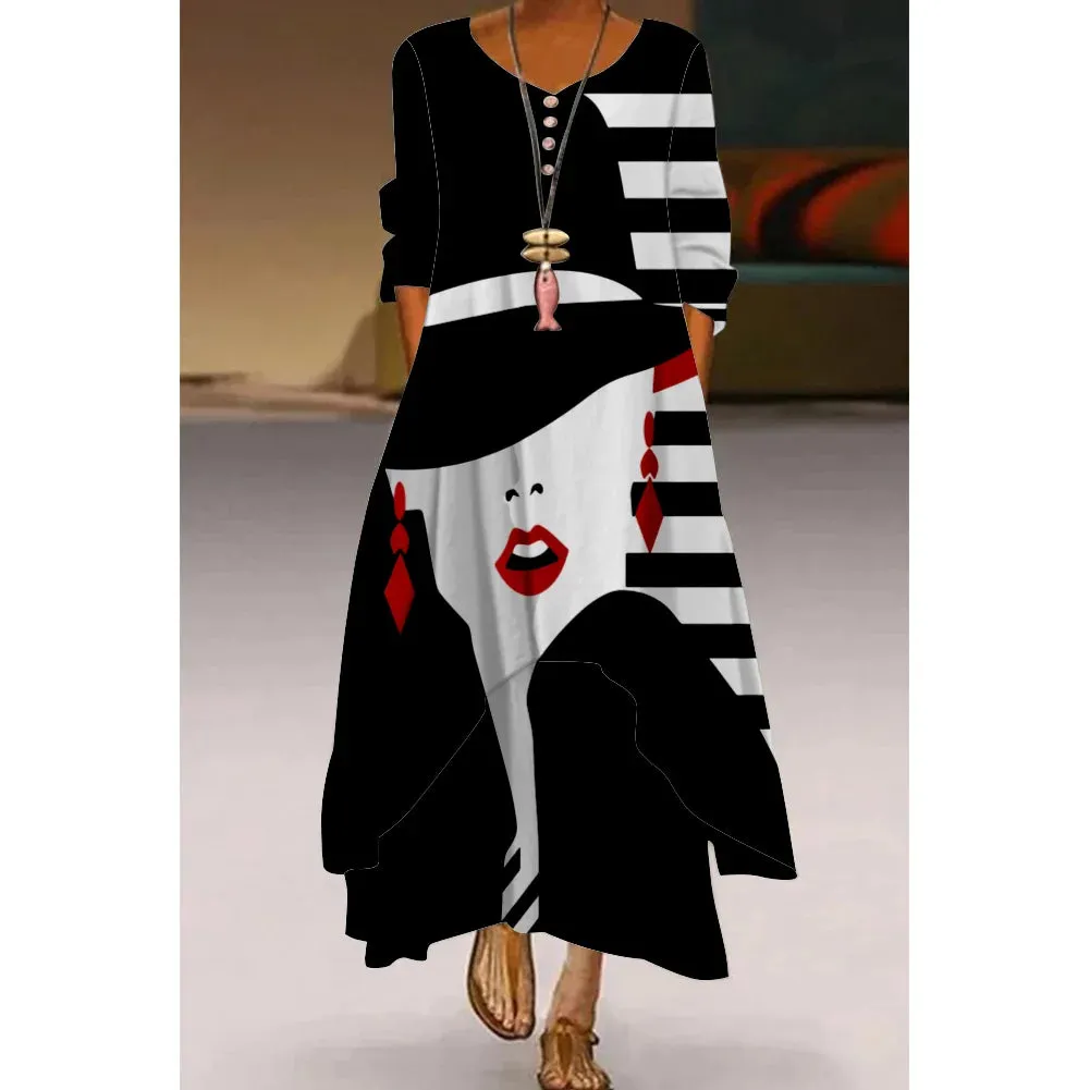 Abstract Painting Elegant Ladies Dress Beachwear Gothic Artistic Fashion Long Sleeve Dress Fashion Loose V-Neck Holiday Dresses