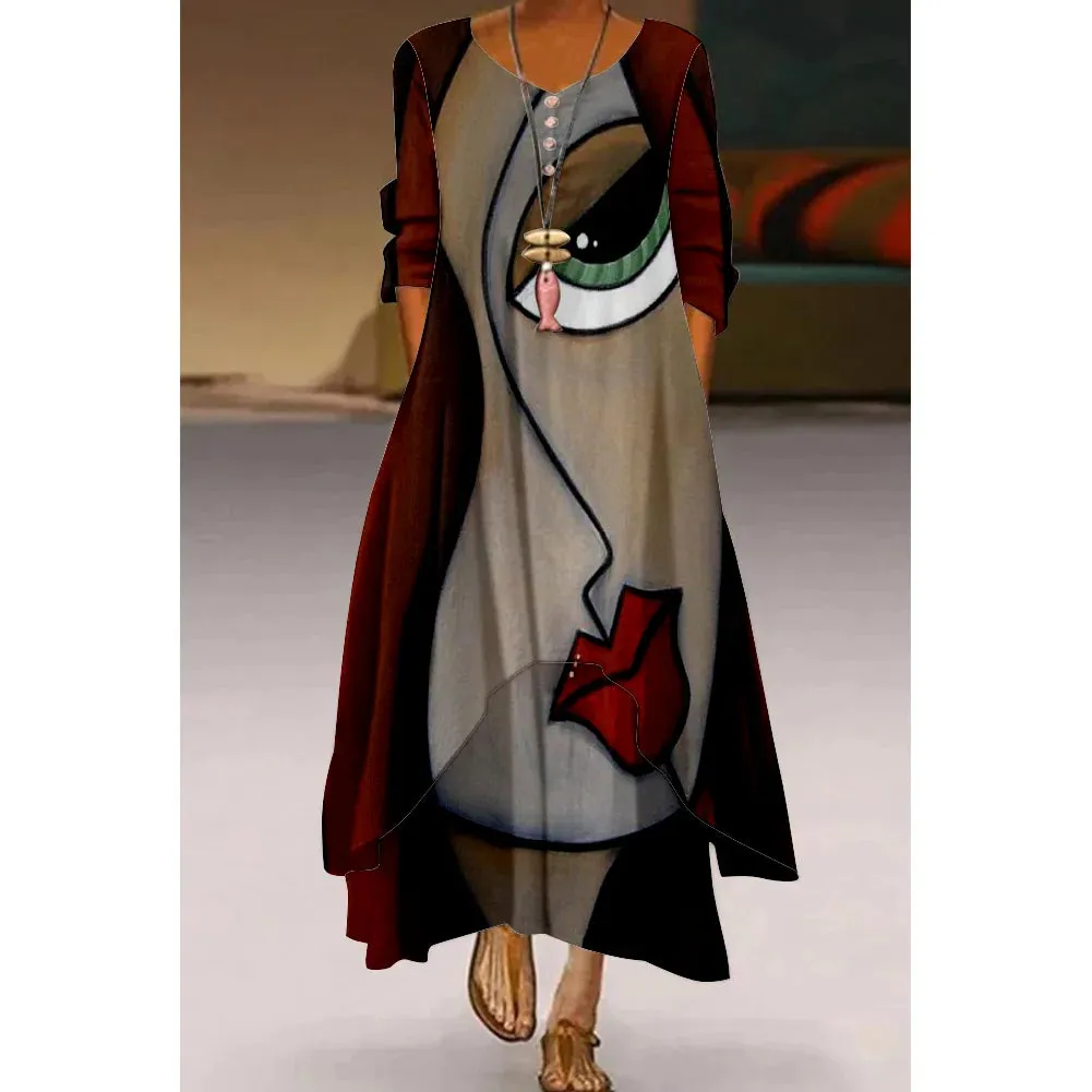 Abstract Painting Elegant Ladies Dress Beachwear Gothic Artistic Fashion Long Sleeve Dress Fashion Loose V-Neck Holiday Dresses