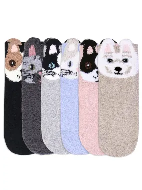 Adorable 6 Pack Animal Face Plush Non-Slip Slipper Socks For Women