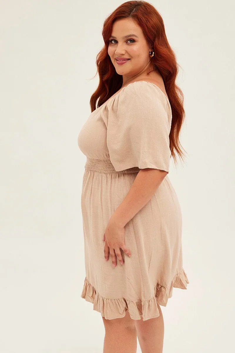 Beige Skater Dress Short Flare Sleeve V-neck Shirred