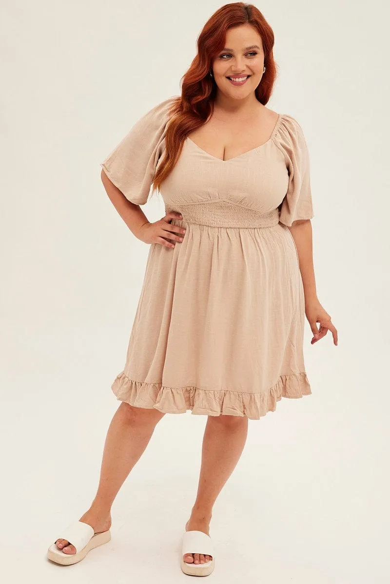 Beige Skater Dress Short Flare Sleeve V-neck Shirred