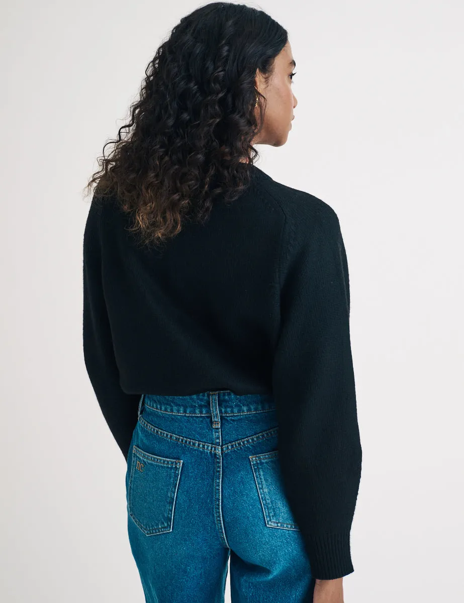 Black Knitted Crew Neck Cardigan