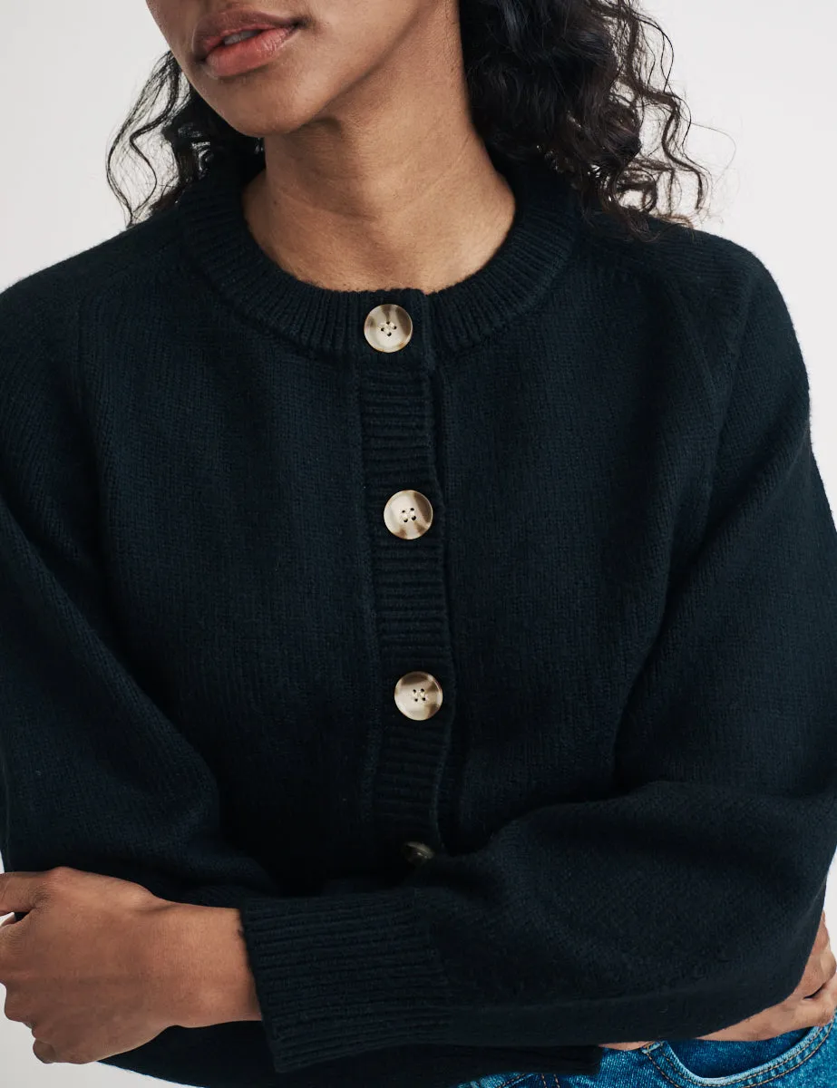 Black Knitted Crew Neck Cardigan