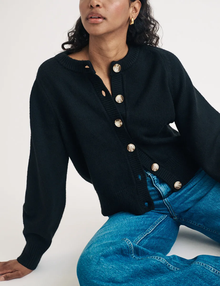 Black Knitted Crew Neck Cardigan