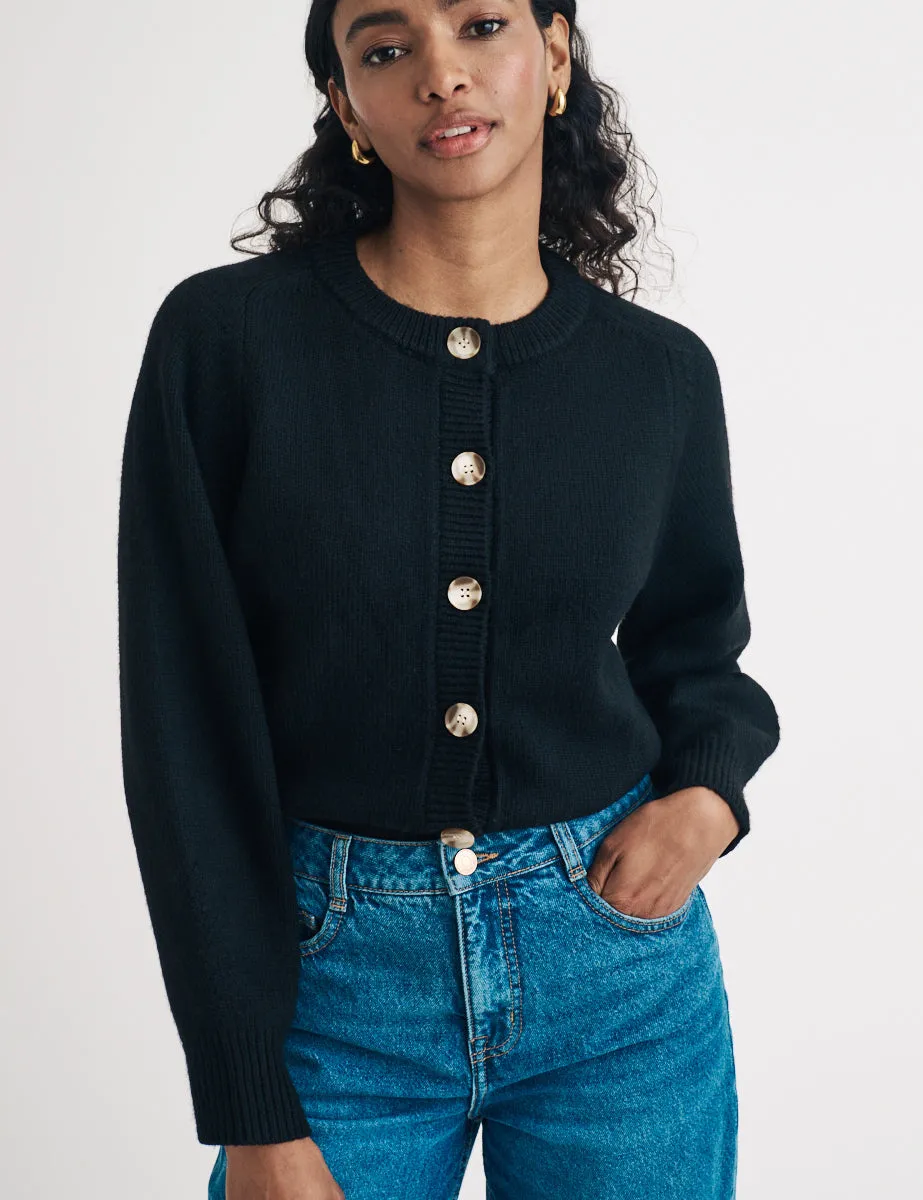 Black Knitted Crew Neck Cardigan