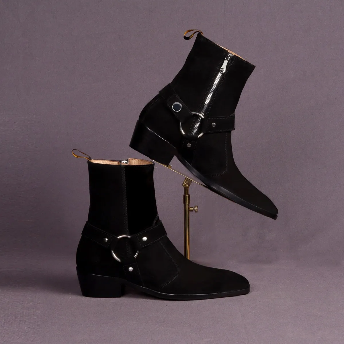 Black Suede Leather Boots Stylish Buckle Strap with Perfect Cuban Heel Side Zipper
