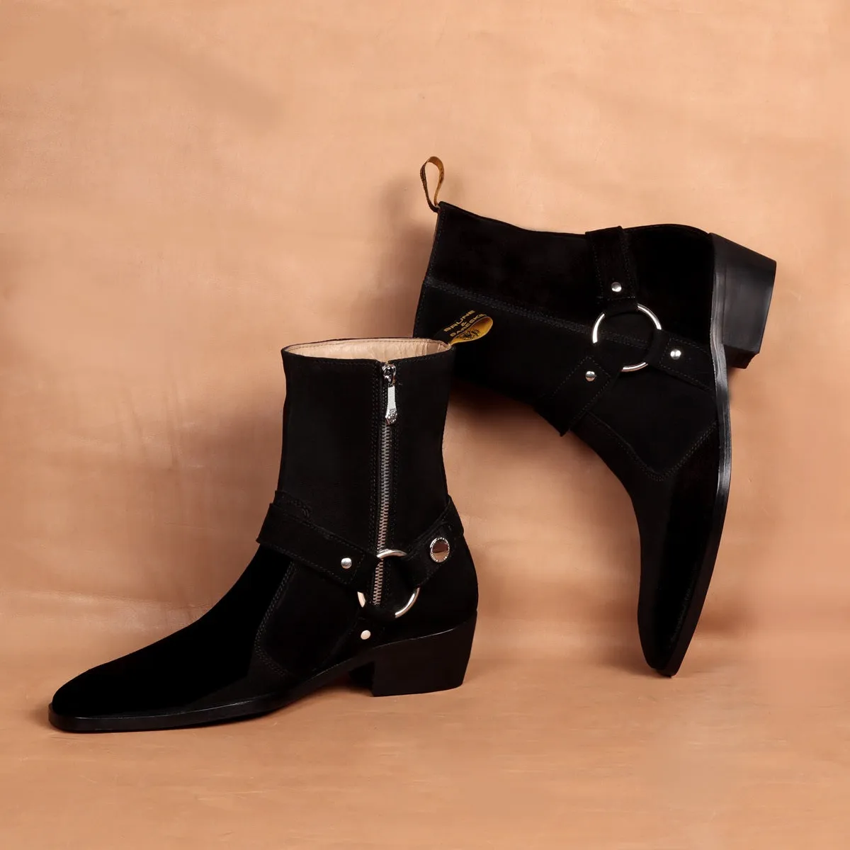 Black Suede Leather Boots Stylish Buckle Strap with Perfect Cuban Heel Side Zipper