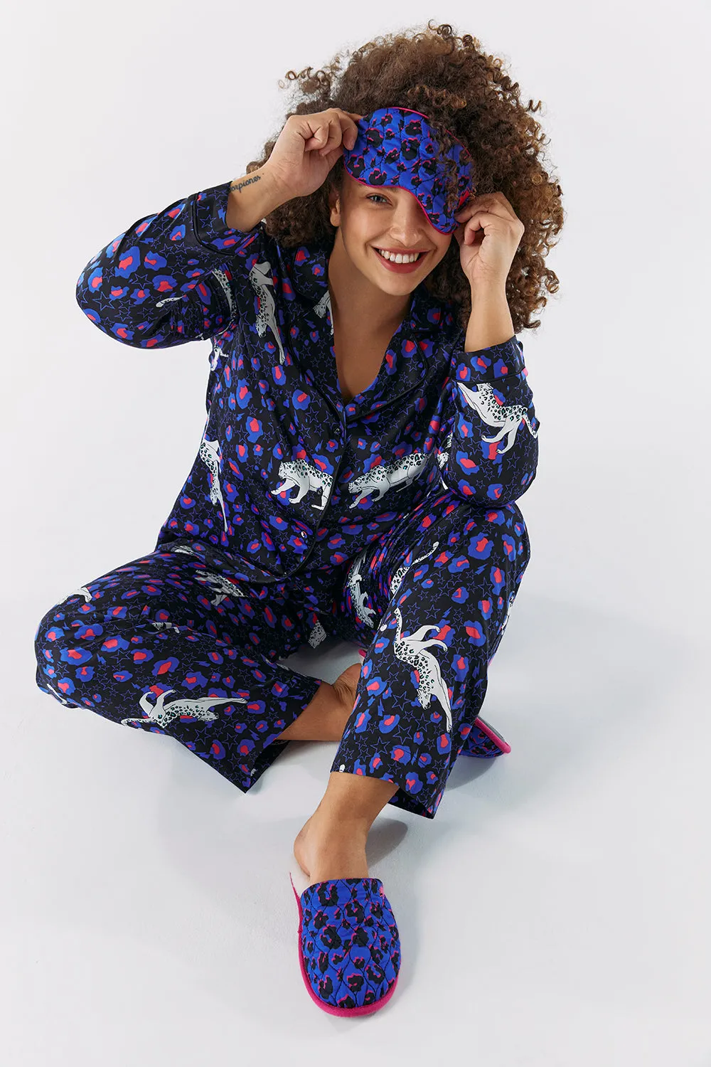 Blue with Black and Pink Shadow Leopard Eye Mask and Slipper Set