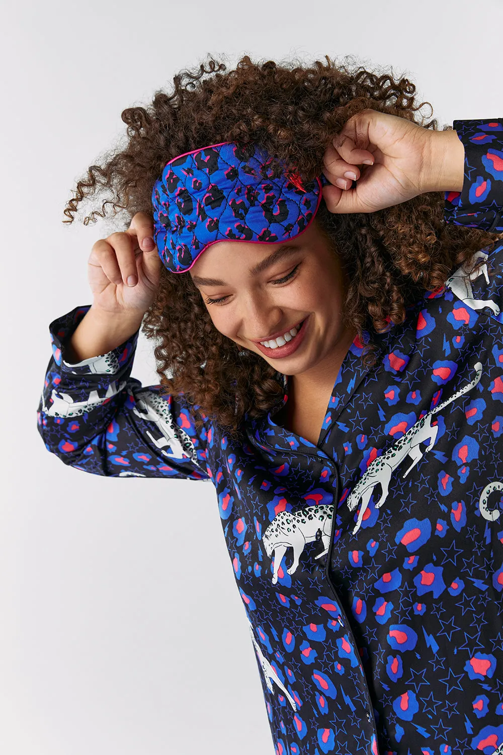 Blue with Black and Pink Shadow Leopard Eye Mask and Slipper Set