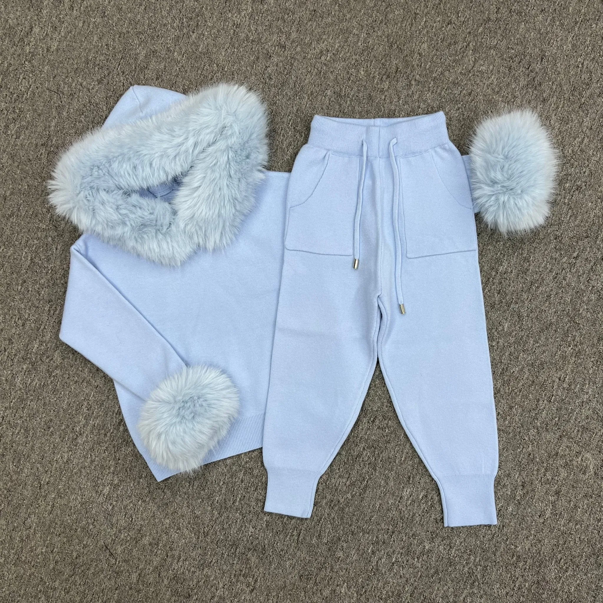 Childrens Baby Blue Premium Faux Fur Hood & Cuff Tracksuit