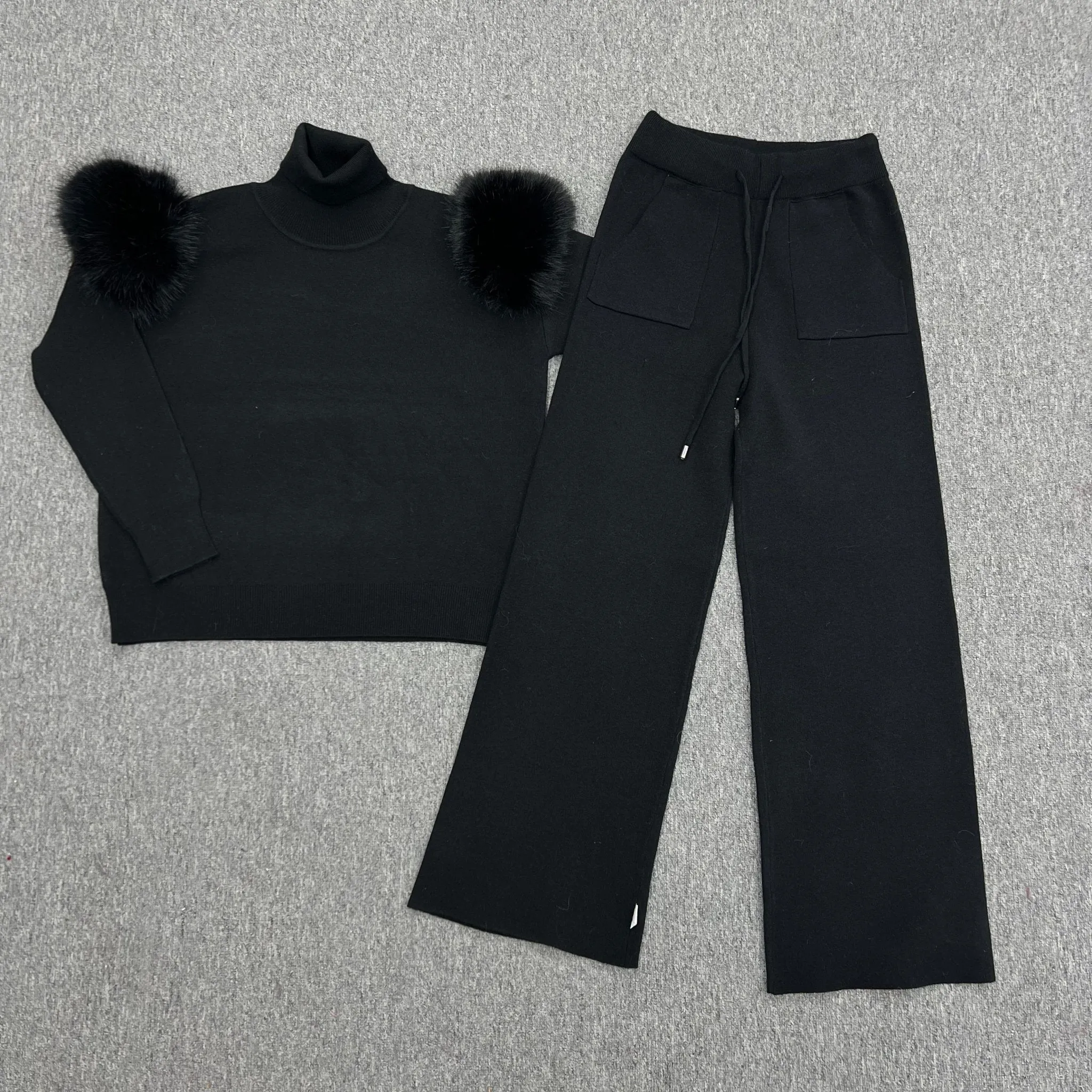 Childrens Black Premium Faux Fur Wide Leg Tracksuit