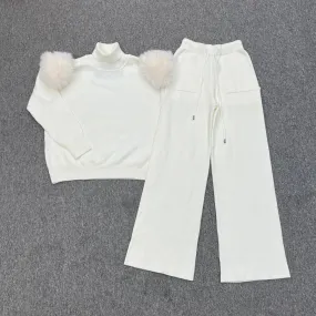 Childrens Cream Premium Faux Fur Wide Leg Tracksuit