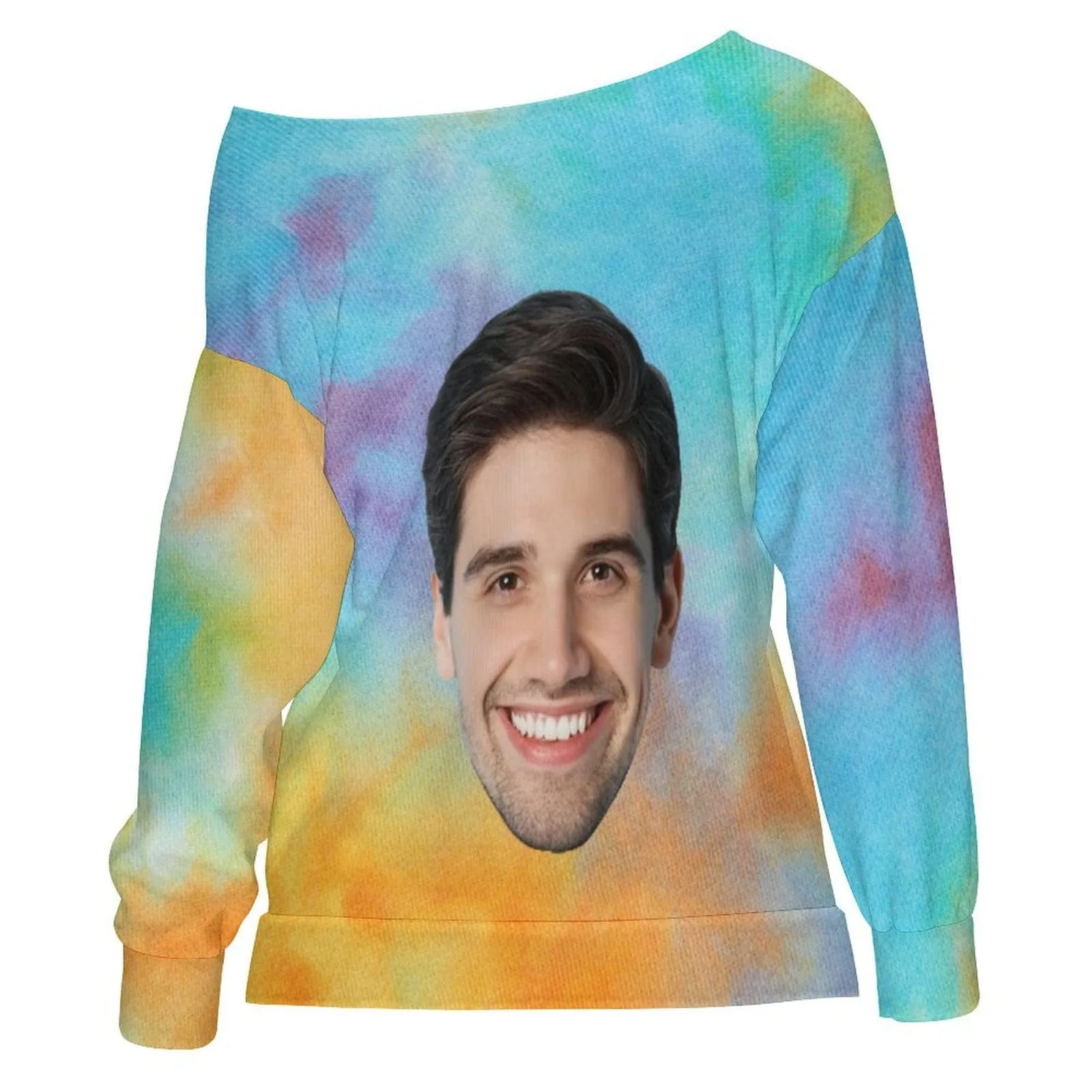Custom Boyfriend Face Tie Dye Slouchy Shirt Off Shoulder Personalized Slouchy Scoop Neck Tee Women's Mid Sleeve Straight Neck T-shirt