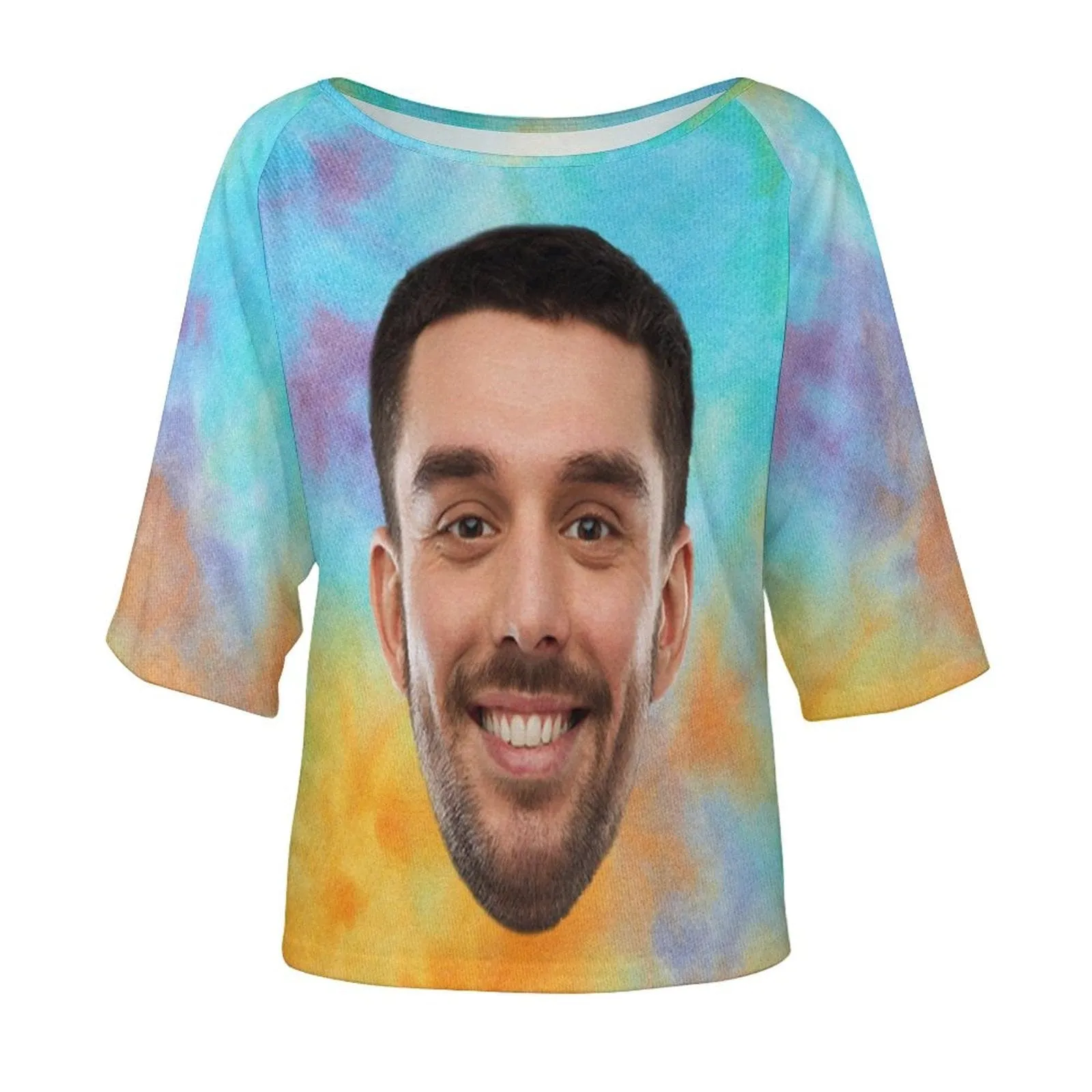 Custom Boyfriend Face Tie Dye Slouchy Shirt Off Shoulder Personalized Slouchy Scoop Neck Tee Women's Mid Sleeve Straight Neck T-shirt