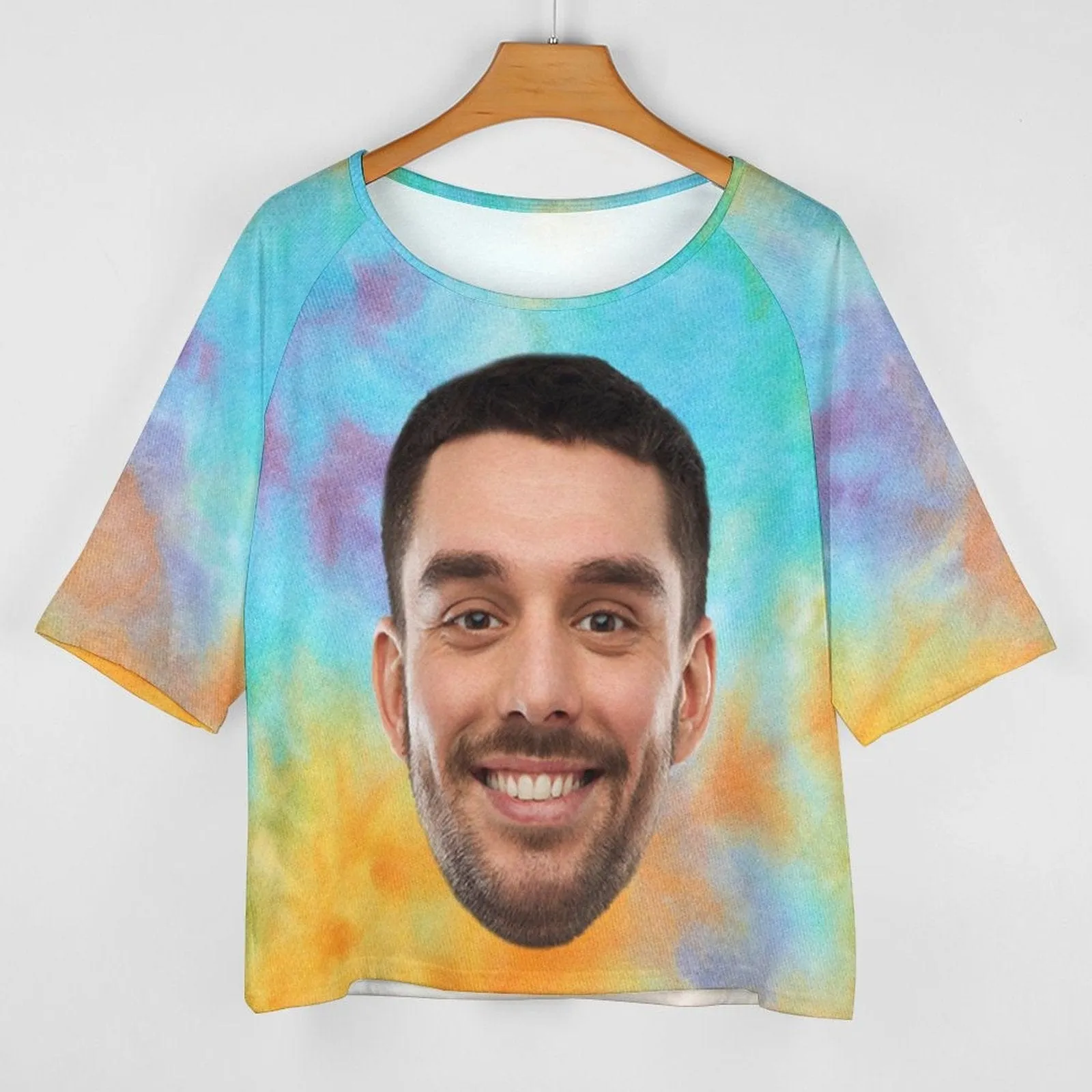 Custom Boyfriend Face Tie Dye Slouchy Shirt Off Shoulder Personalized Slouchy Scoop Neck Tee Women's Mid Sleeve Straight Neck T-shirt