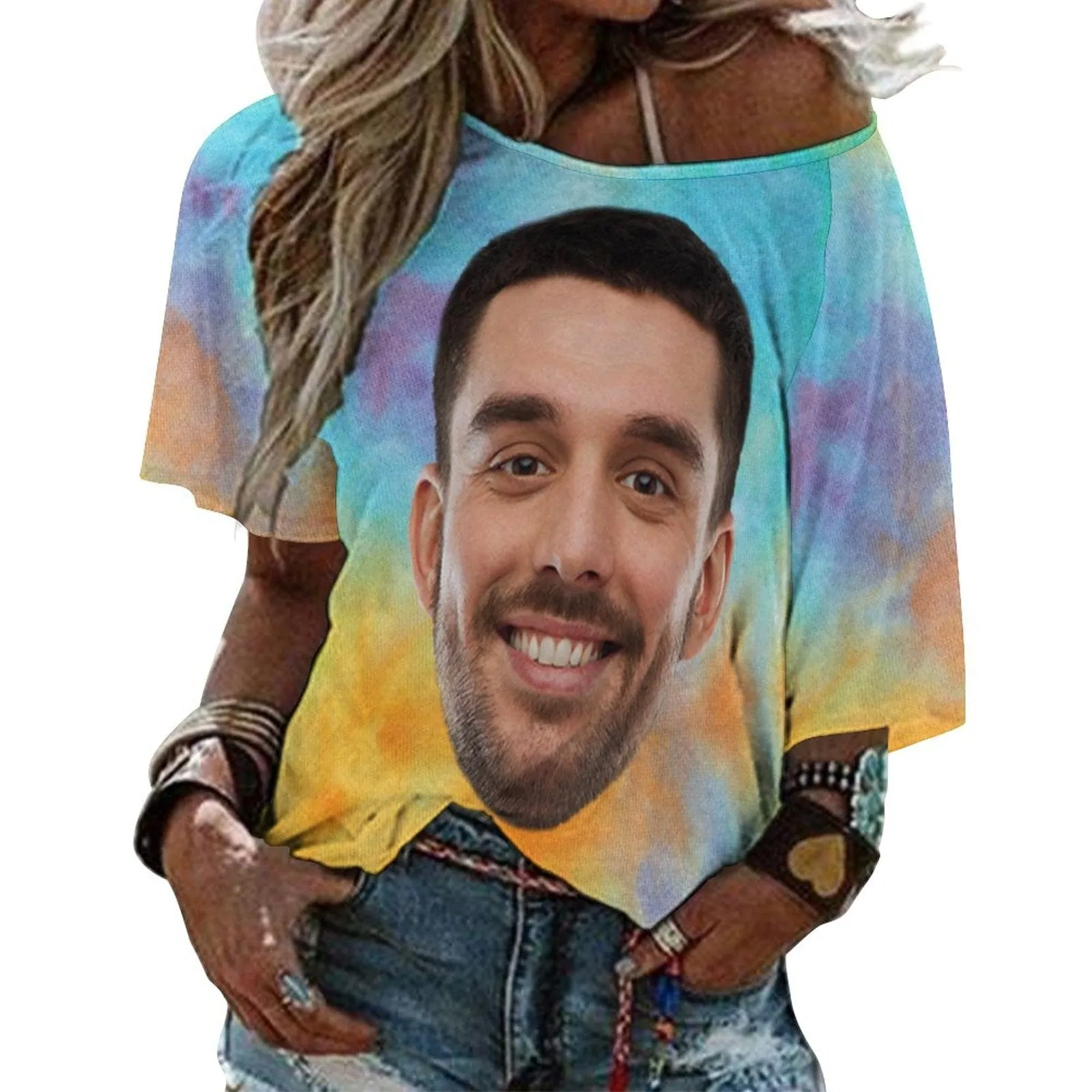 Custom Boyfriend Face Tie Dye Slouchy Shirt Off Shoulder Personalized Slouchy Scoop Neck Tee Women's Mid Sleeve Straight Neck T-shirt