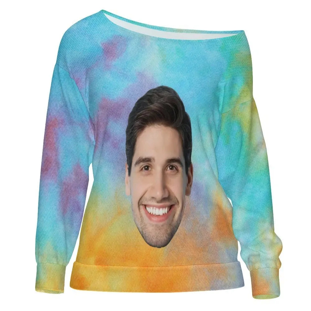 Custom Boyfriend Face Tie Dye Slouchy Shirt Off Shoulder Personalized Slouchy Scoop Neck Tee Women's Mid Sleeve Straight Neck T-shirt