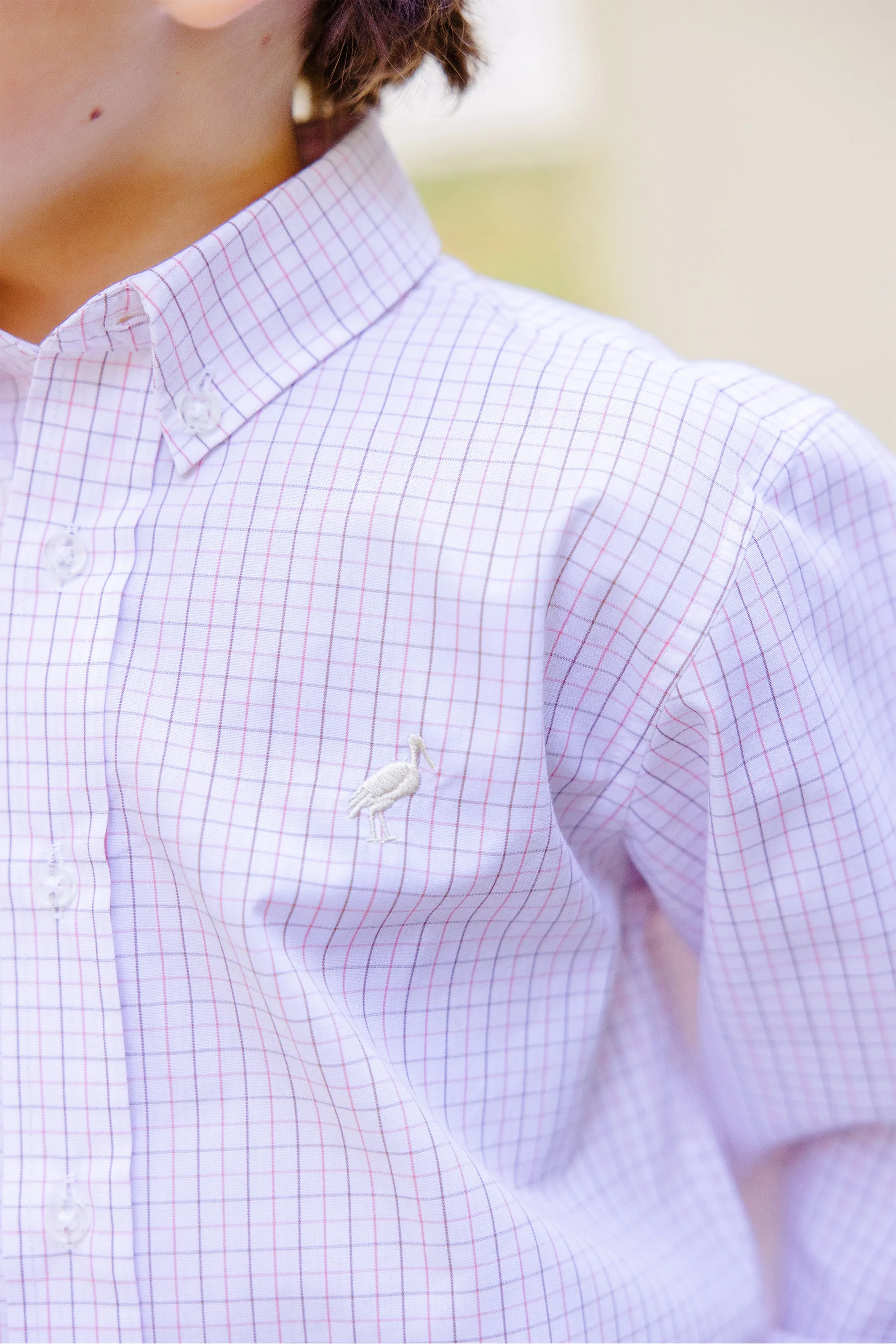 Dean's List Dress Shirt - Chelsea Chocolate and Parrot Cay Coral Windowpane with Keeneland Khaki Stork