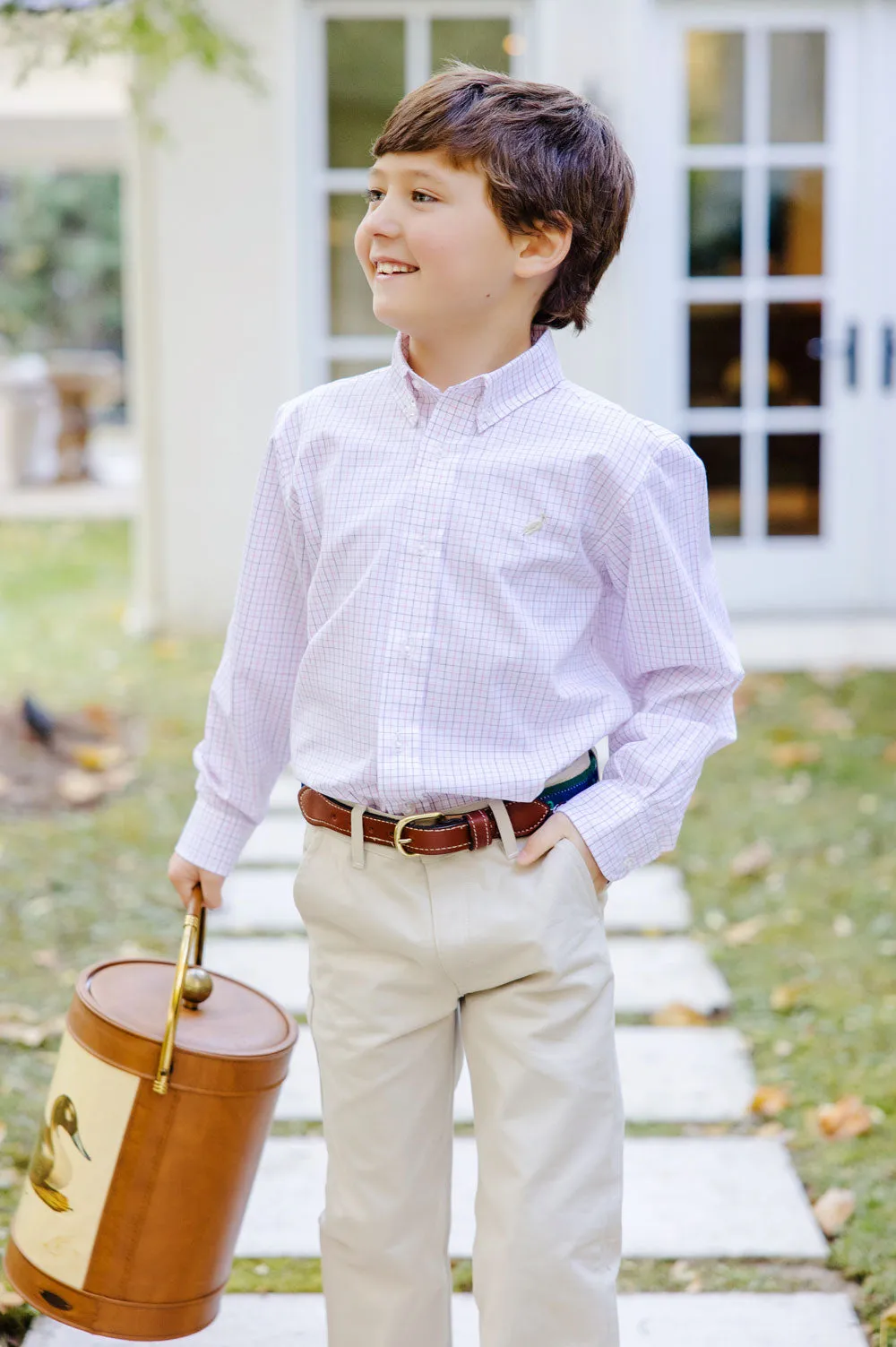 Dean's List Dress Shirt - Chelsea Chocolate and Parrot Cay Coral Windowpane with Keeneland Khaki Stork
