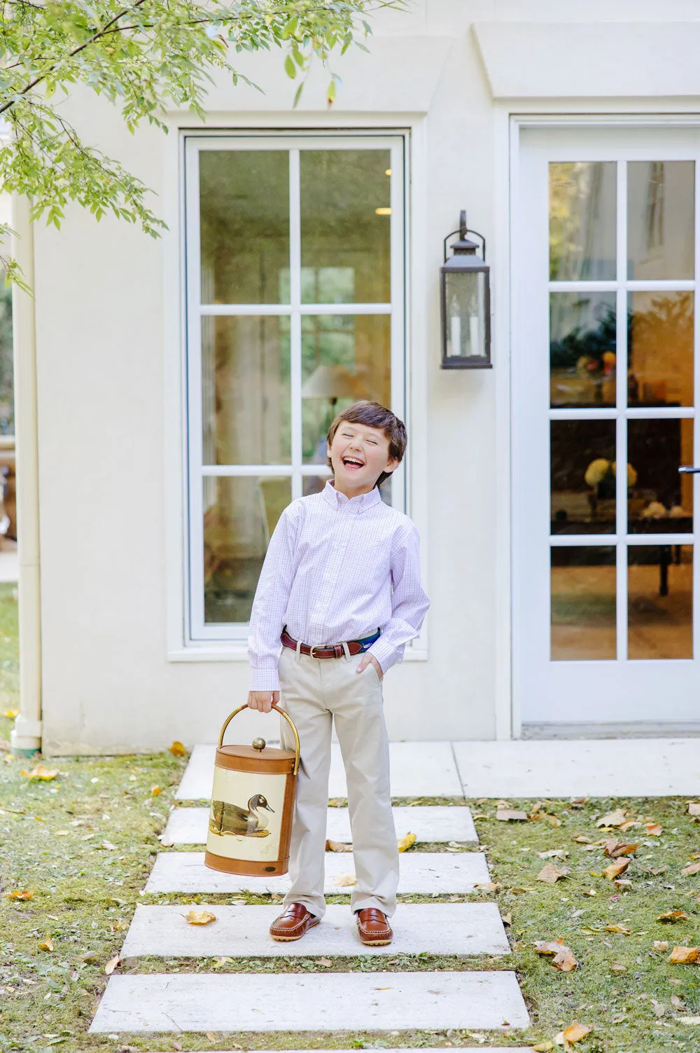 Dean's List Dress Shirt - Chelsea Chocolate and Parrot Cay Coral Windowpane with Keeneland Khaki Stork