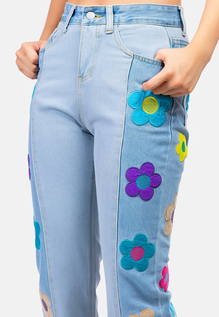 Embroidered Daisy Paneled Jeans Pants