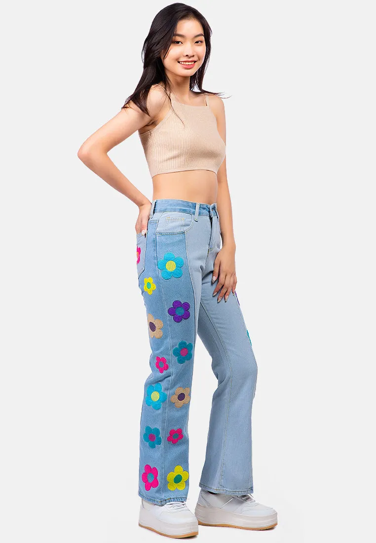 Embroidered Daisy Paneled Jeans Pants