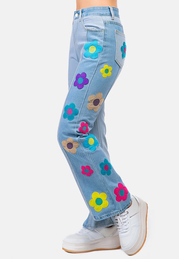 Embroidered Daisy Paneled Jeans Pants