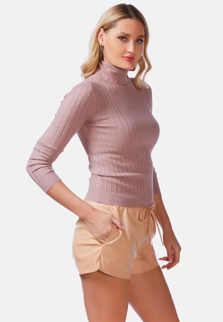 Full Sleeve Rib Knit Turtle Neck Top