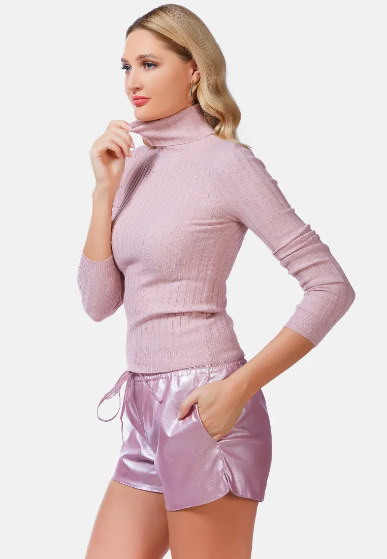 Full Sleeve Rib Knit Turtle Neck Top