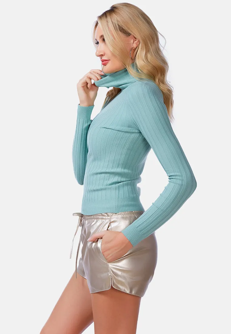Full Sleeve Rib Knit Turtle Neck Top