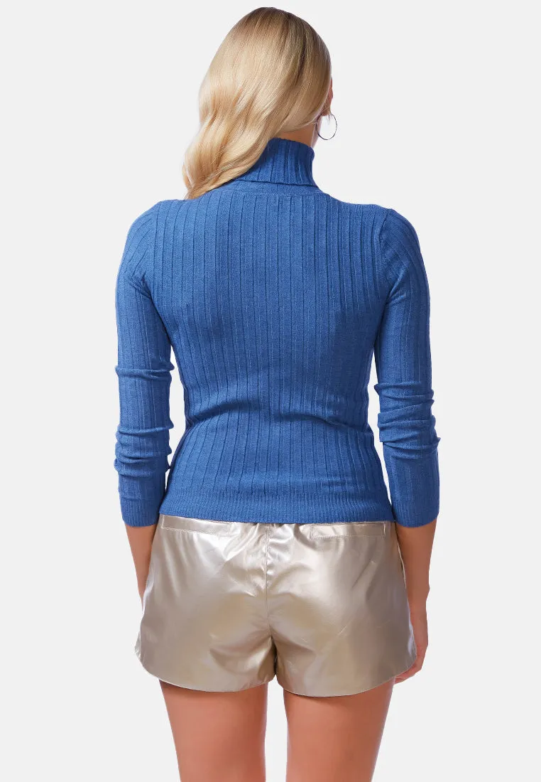 Full Sleeve Rib Knit Turtle Neck Top