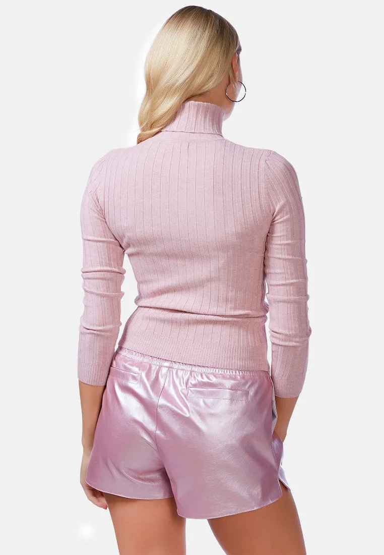 Full Sleeve Rib Knit Turtle Neck Top