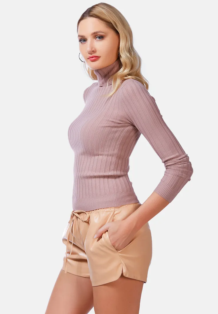 Full Sleeve Rib Knit Turtle Neck Top