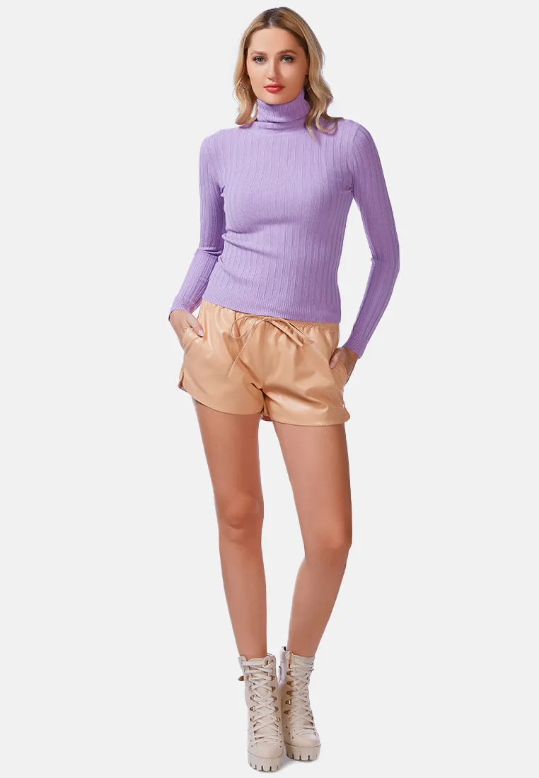 Full Sleeve Rib Knit Turtle Neck Top