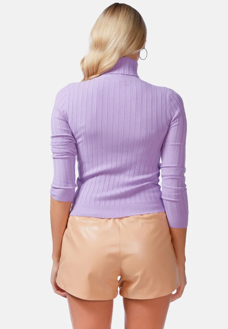 Full Sleeve Rib Knit Turtle Neck Top