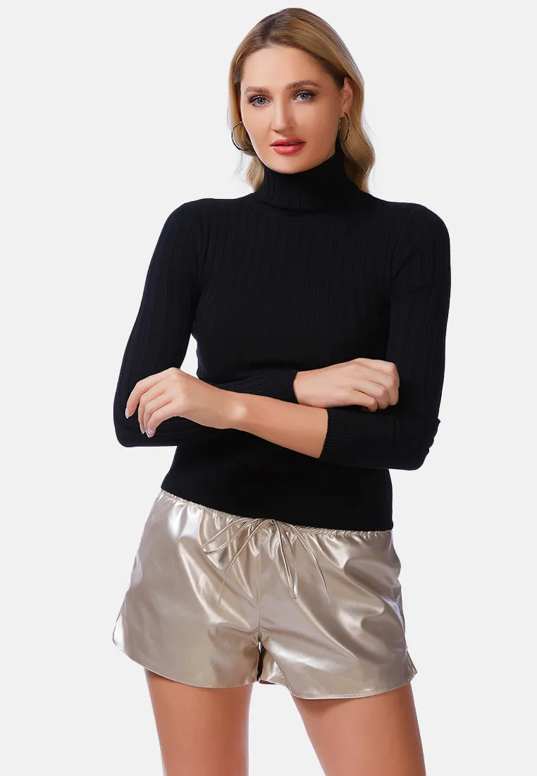 Full Sleeve Rib Knit Turtle Neck Top