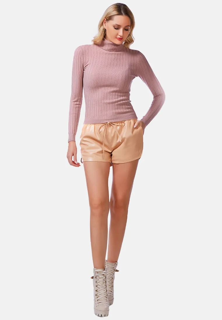 Full Sleeve Rib Knit Turtle Neck Top