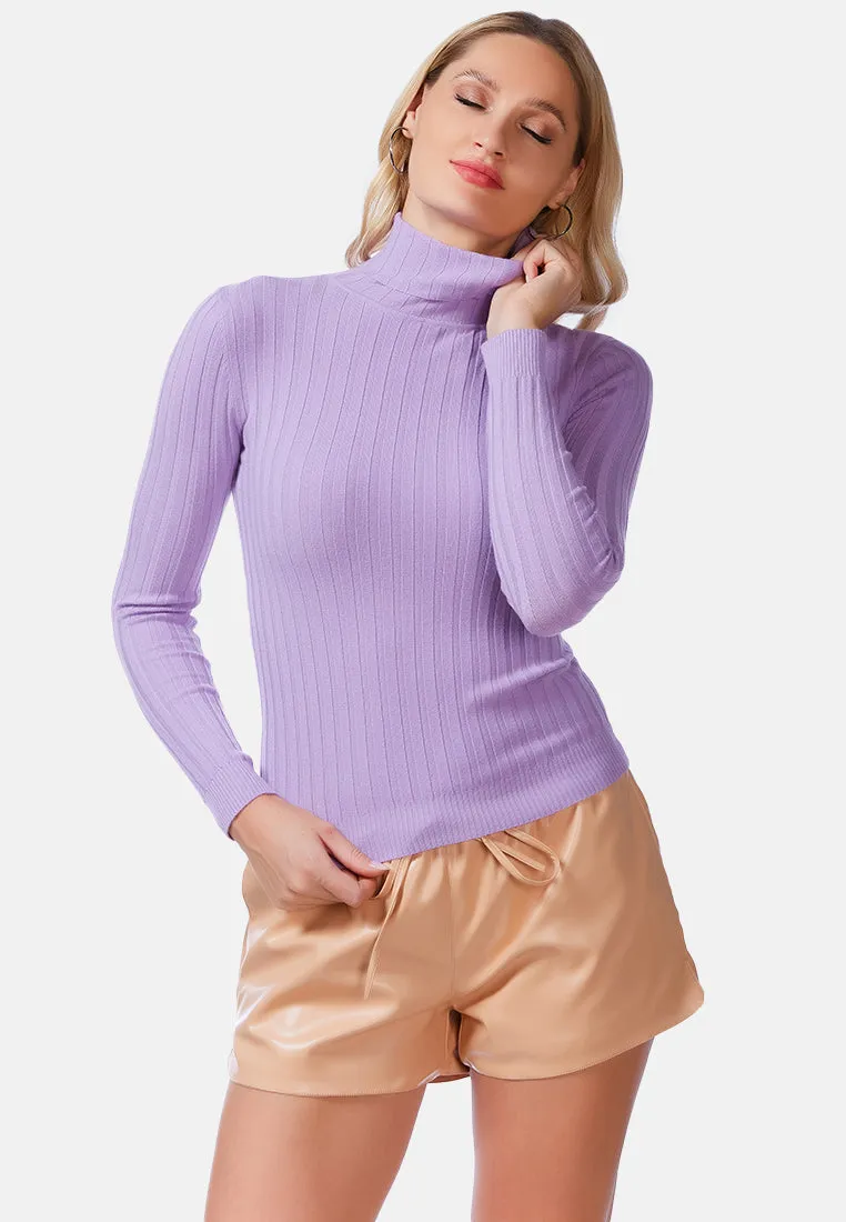 Full Sleeve Rib Knit Turtle Neck Top
