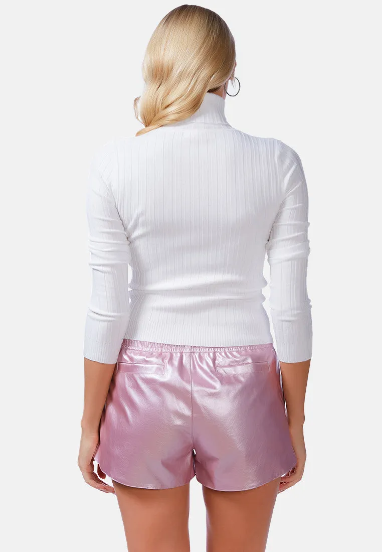 Full Sleeve Rib Knit Turtle Neck Top