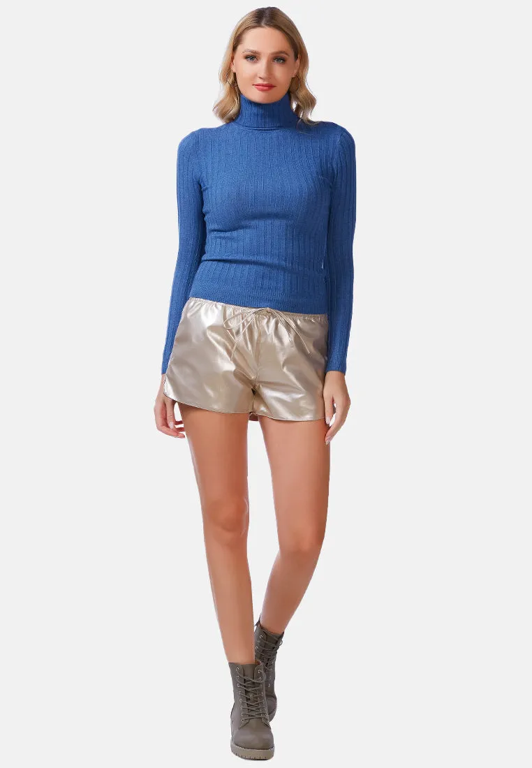 Full Sleeve Rib Knit Turtle Neck Top