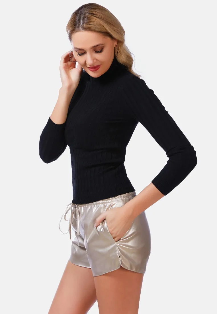 Full Sleeve Rib Knit Turtle Neck Top