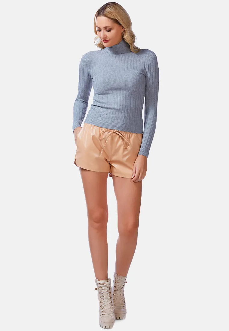 Full Sleeve Rib Knit Turtle Neck Top