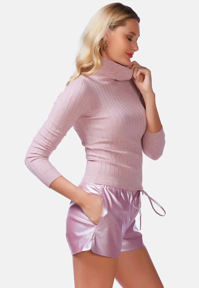 Full Sleeve Rib Knit Turtle Neck Top