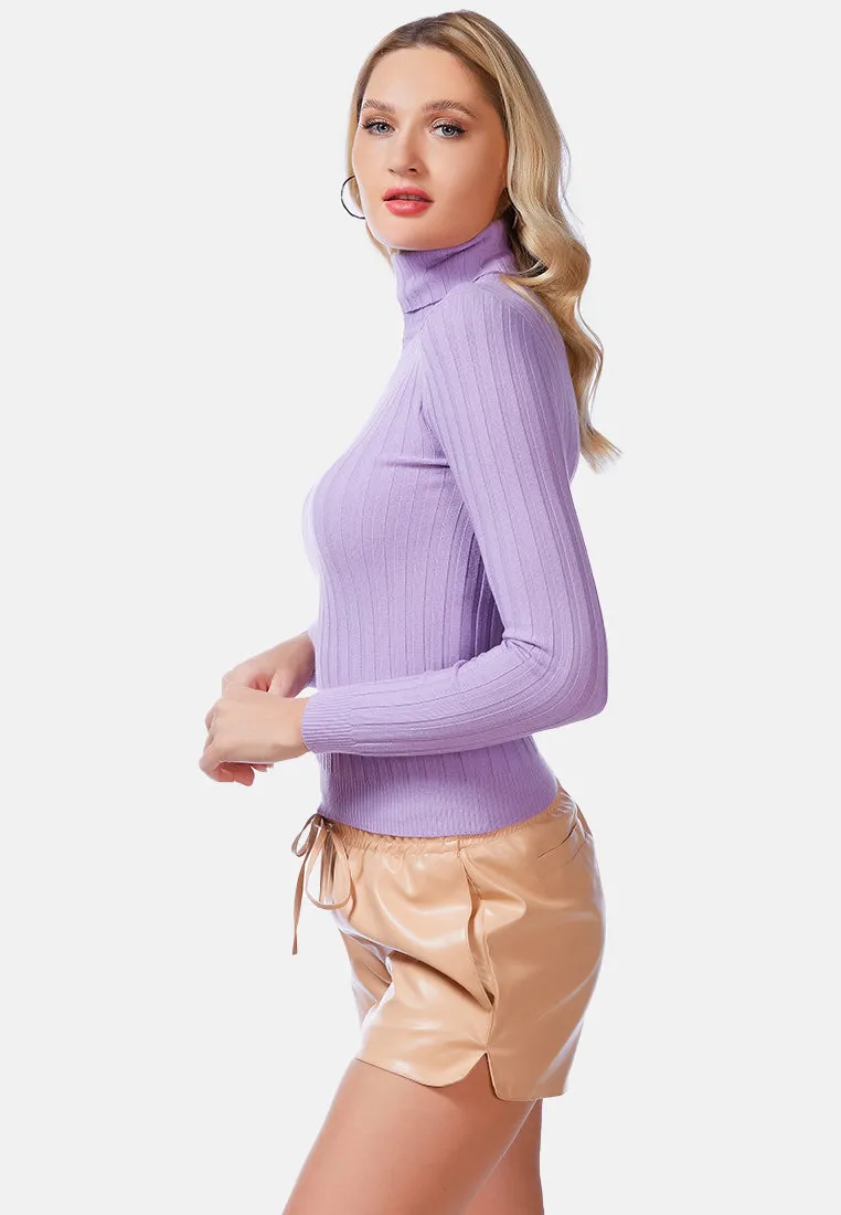 Full Sleeve Rib Knit Turtle Neck Top